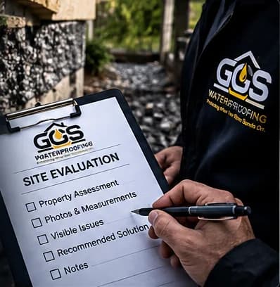 Ground Guard free site evaluation checklist beside a residential foundation