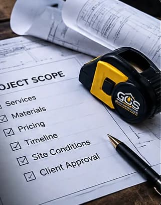 Written project scope with services, materials, pricing and timeline