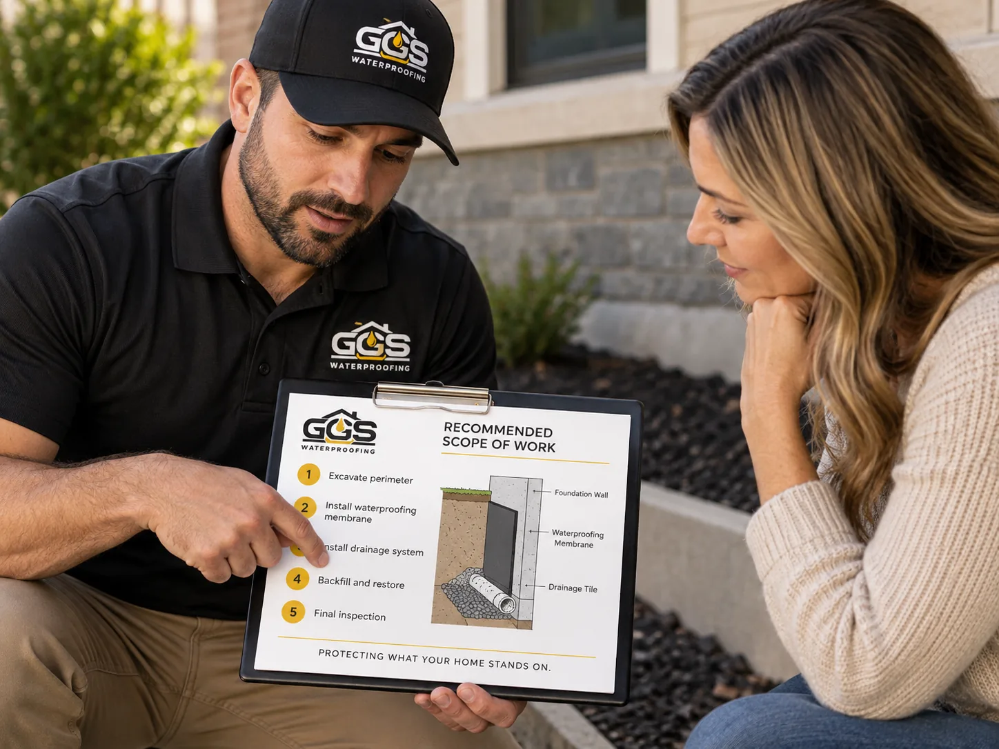 Ground Guard discussing a recommended waterproofing scope with a homeowner
