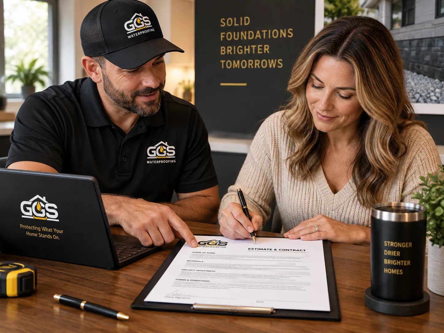 Homeowner reviewing and signing a waterproofing estimate and contract