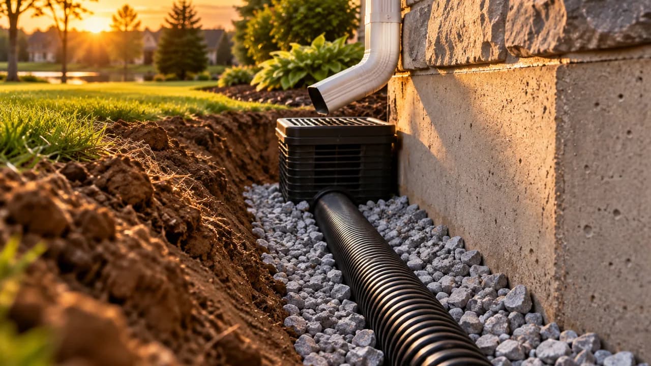 Drainage installation beside a residential foundation