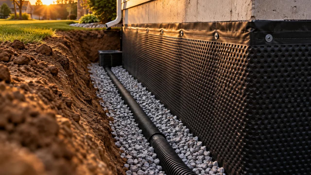 Exterior foundation waterproofing and drainage installation