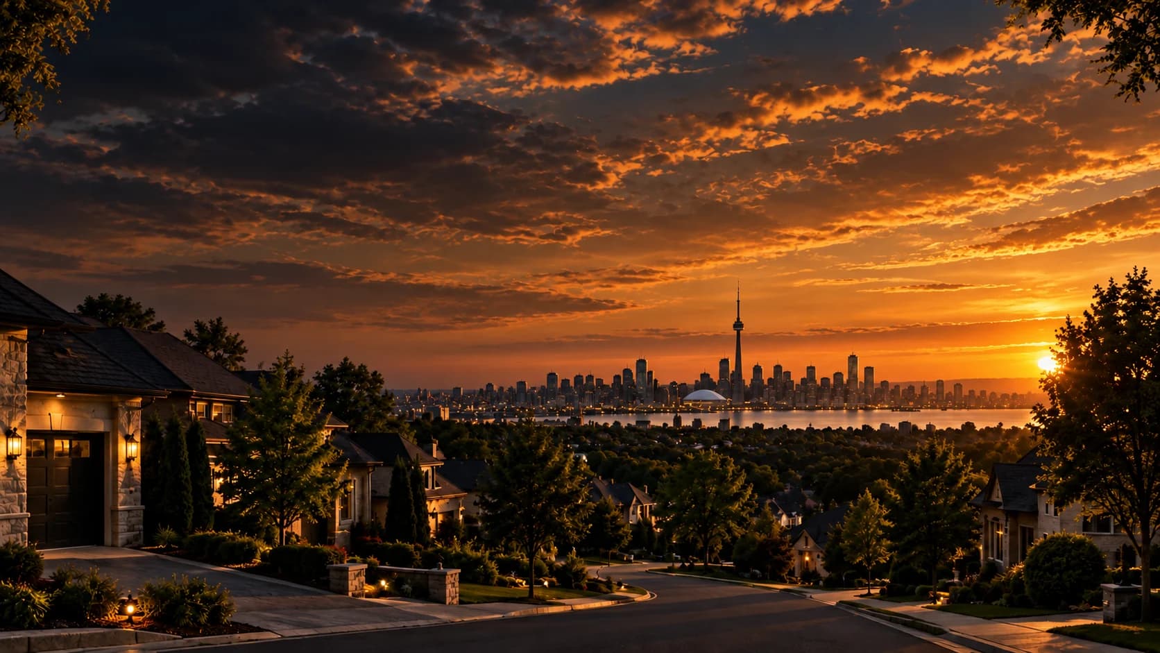 Toronto skyline and GTA residential neighbourhoods at sunset.