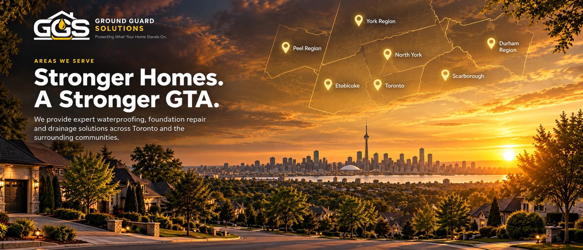 Ground Guard Solutions service-area artwork showing Toronto, North York, Scarborough, Etobicoke, Peel Region, York Region and Durham Region across the GTA.